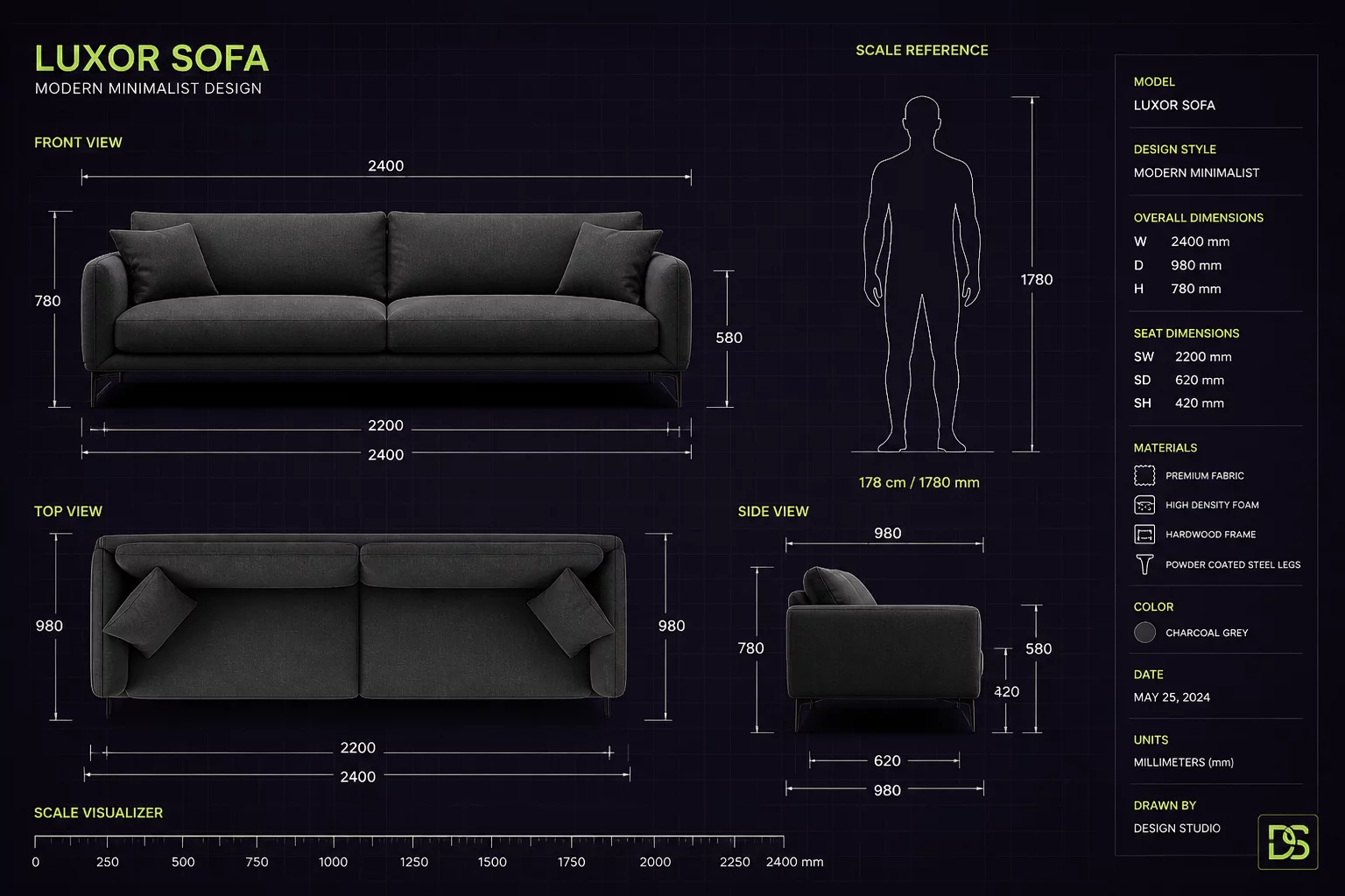 Furniture in perspective scale diagram with human silhouette
